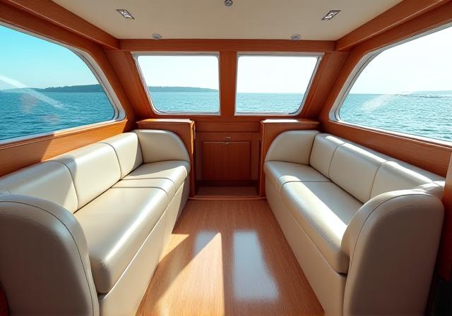 Interni di una cabina di barca di lusso puliti, ordinati e immacolati, con superfici brillanti.