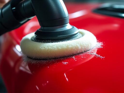 Macchina lucidatrice rotante in azione su carrozzeria rossa brillante, riflettendo la luce.