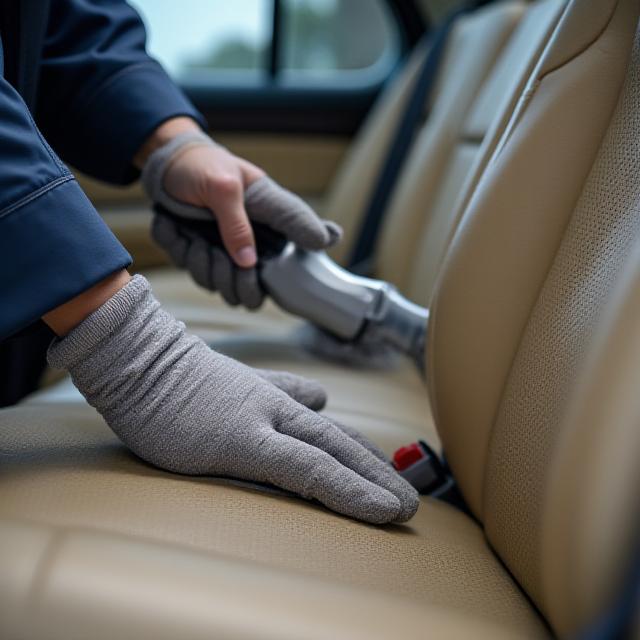 Specialista Marina Detail che lavora sugli interni di un'auto, pulendo il sedile con attenzione.