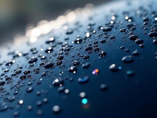 Gocce d'acqua che scivolano via su vernice trattata con ceramica, evidenziando l'effetto idrofobico.